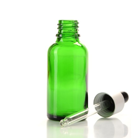 Botella vidrio verde 30ml con pipeta cuentagotas negra-plata