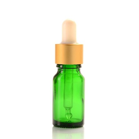 Botella vidrio verde 10ml con pipeta cuentagotas blanca-oro
